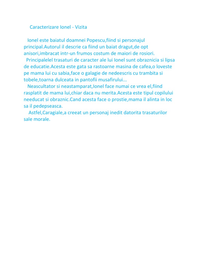 Vizita de I.L Caragiale- Caracterizare Ionel