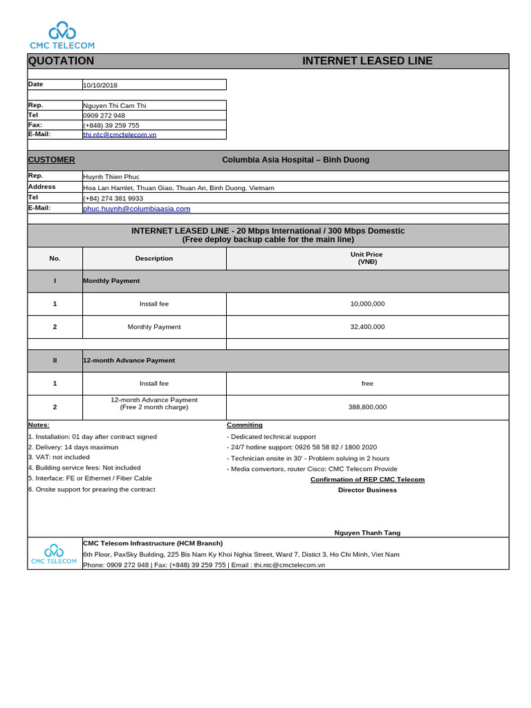 Internet Leased Line Quotation Details | PDF | Telecommunications | Vietnam