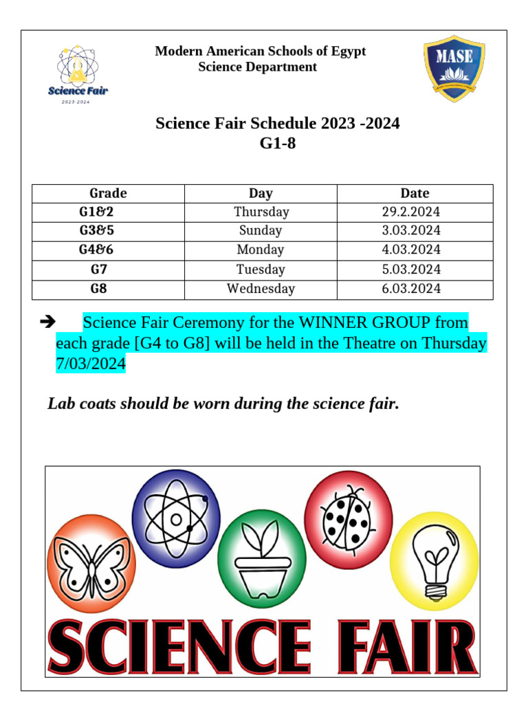 Science Fair Schedule - G1-8 2023-2024 | PDF
