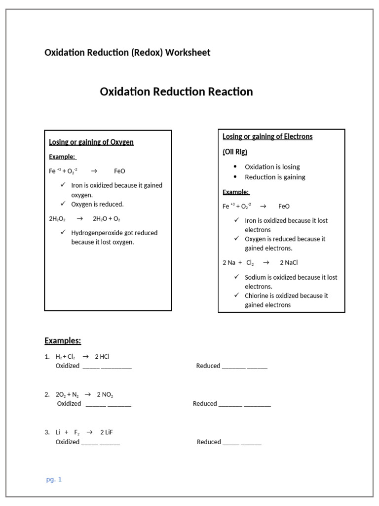 Redox Reaction Worksheet Examples | PDF | Redox | Chemical Elements