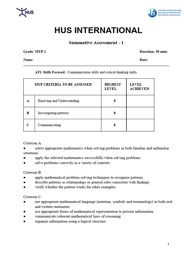 MYP 1 Mathematics Assessment Guide | PDF | Comet | Mathematics