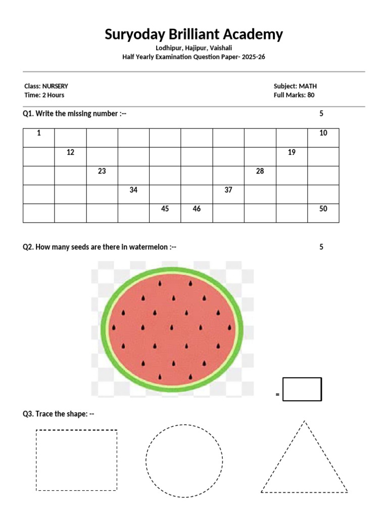 Nursery Math Exam Paper 2025-26 | PDF