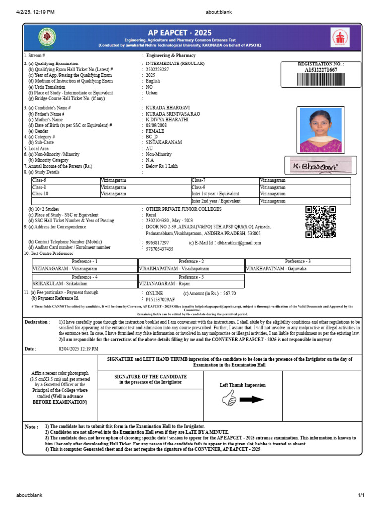 AP EAPCET 2025 Candidate Registration Form | PDF