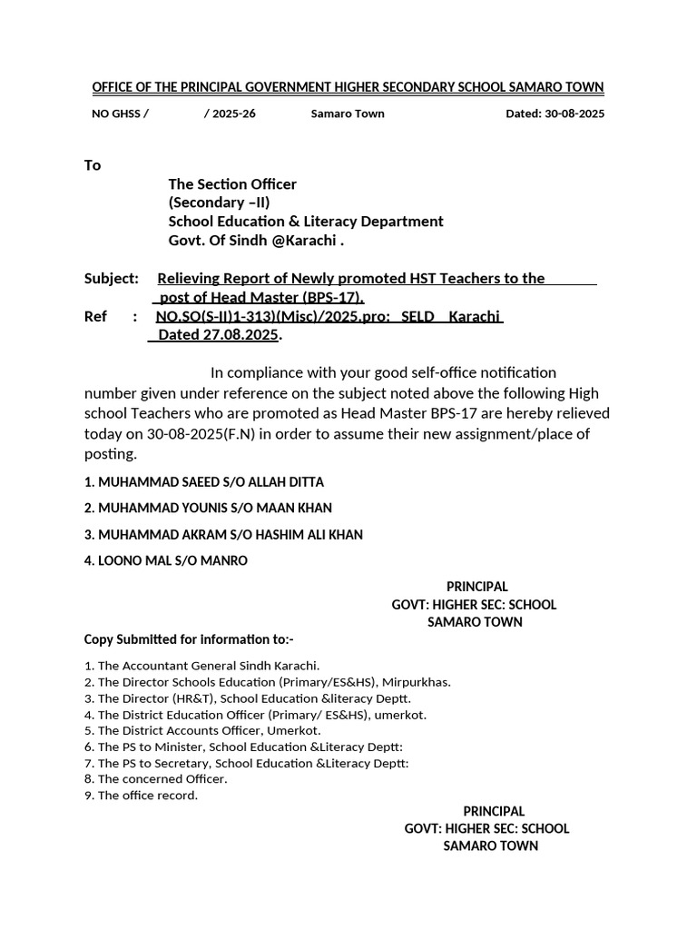 Relieving Report for HST Teachers Promoted to Head Master | PDF