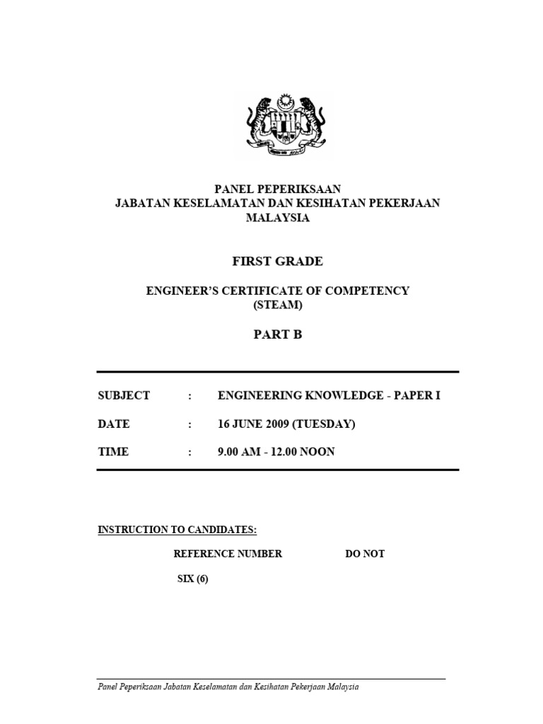 Engineer's Competency Exam Paper 2009 | PDF | Boiler | Steam Power