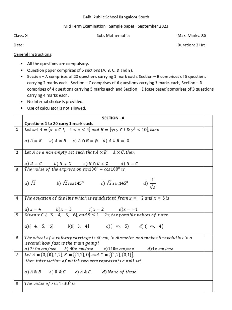 Math Sample Paper + Ans Key | PDF | Mathematics