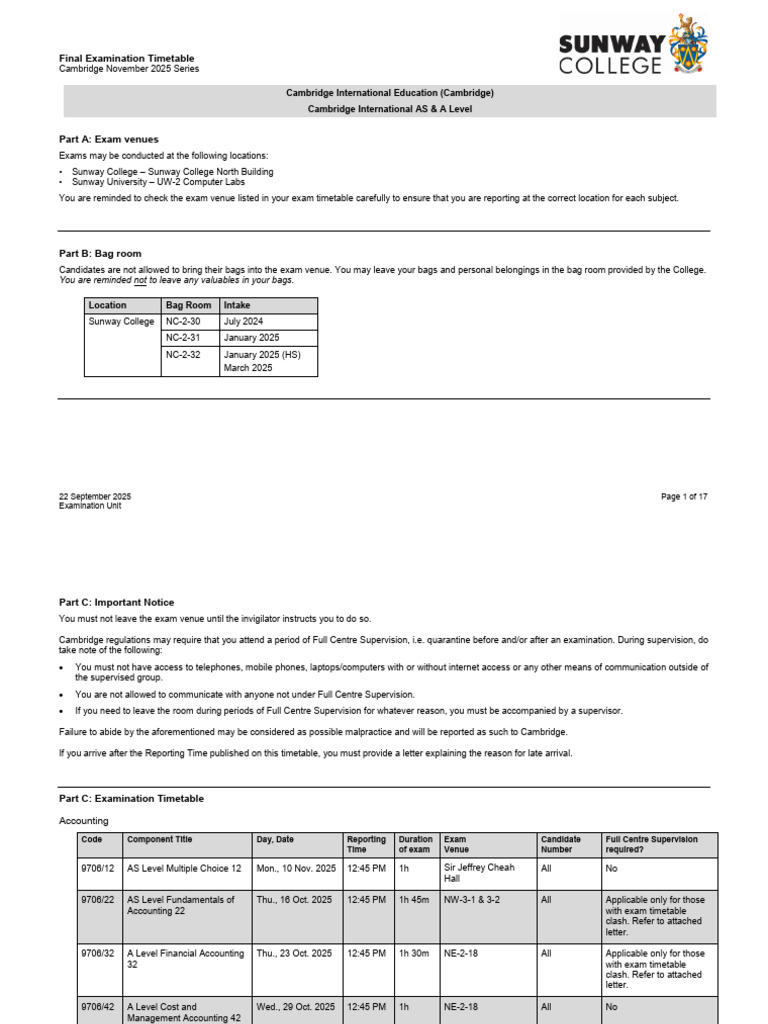 Cambridge November 2025 Exam Timetable | PDF