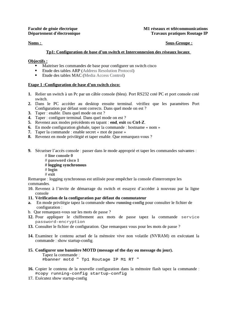 TP Routage IP : Configuration Switch Cisco | PDF | Standards Internet ...