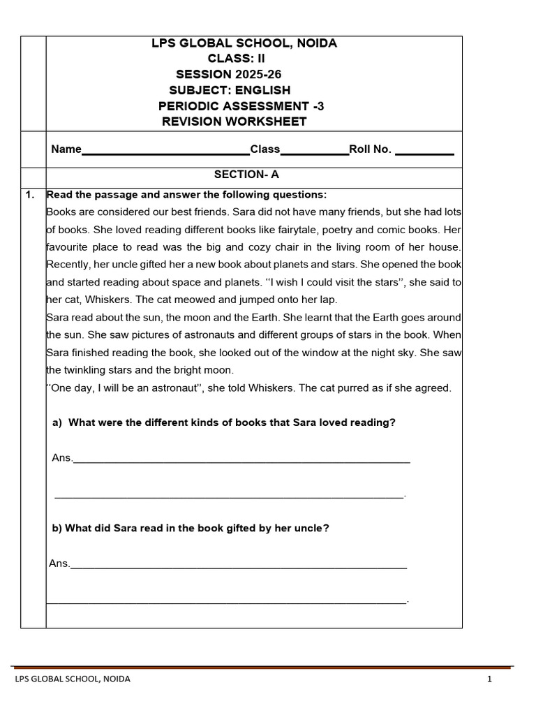 Class II English Revision Worksheet 2025-26 | PDF | Linguistic Typology ...