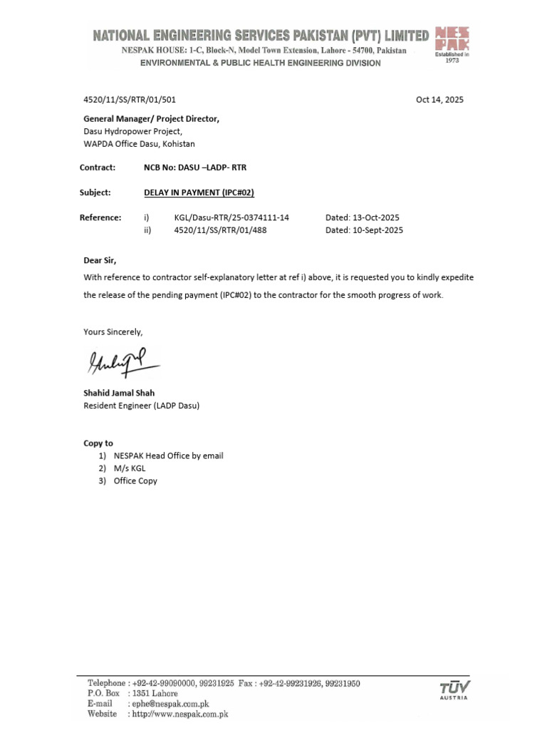 Letter#501 Dated 14 Oct 2025 Delay in Payment (IPC#) RTR | PDF