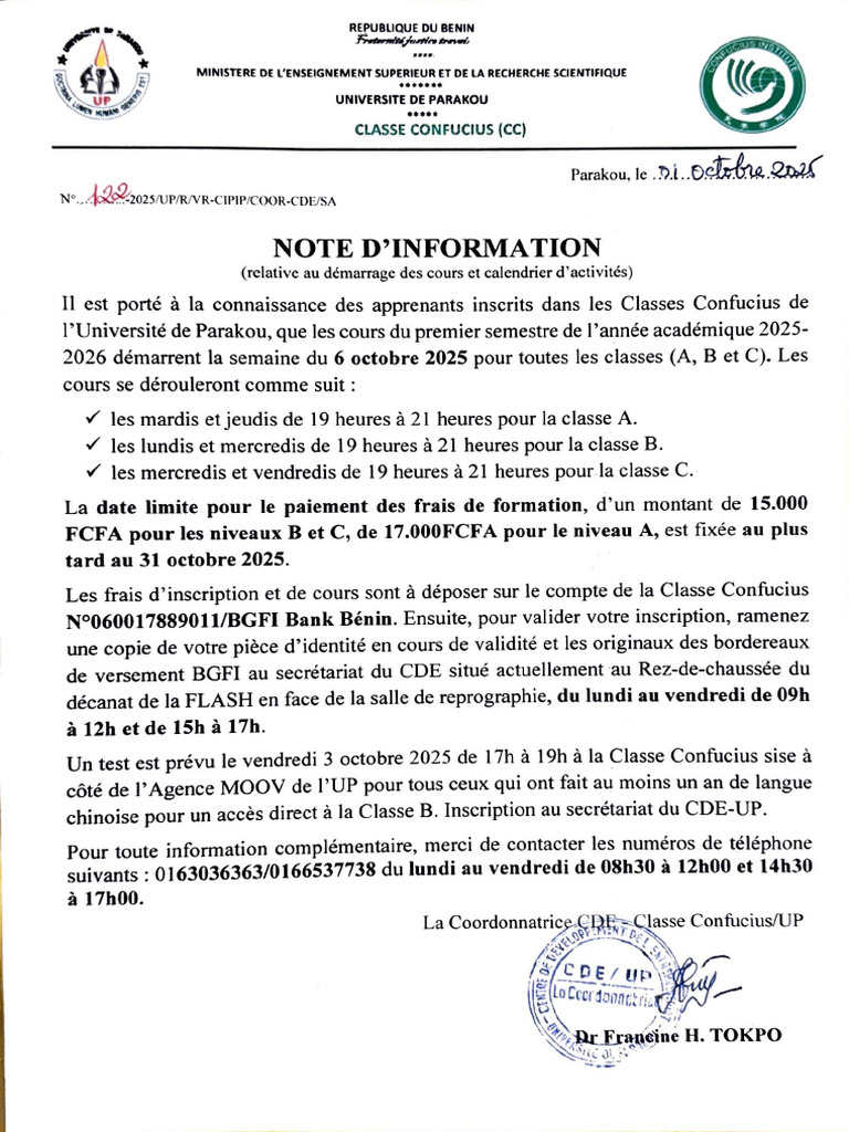 Démarrage des cours Classes Confucius 2025 | PDF