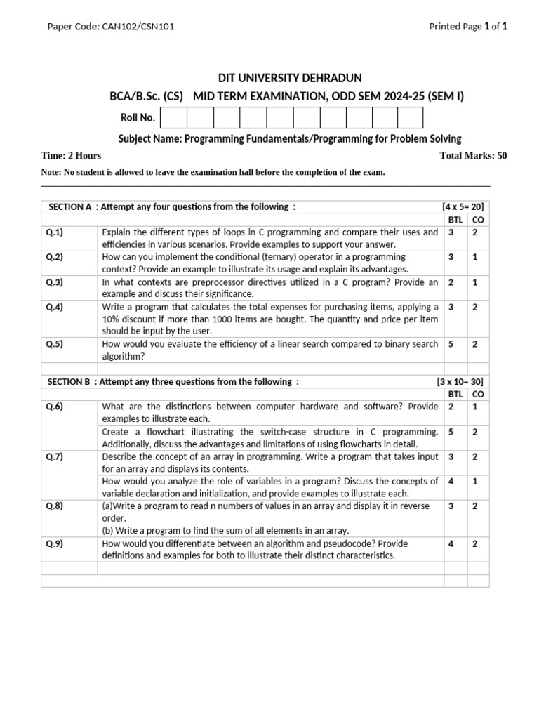 Mid Term-C Programming CAN102&CSN101 | PDF | Computer Programming ...