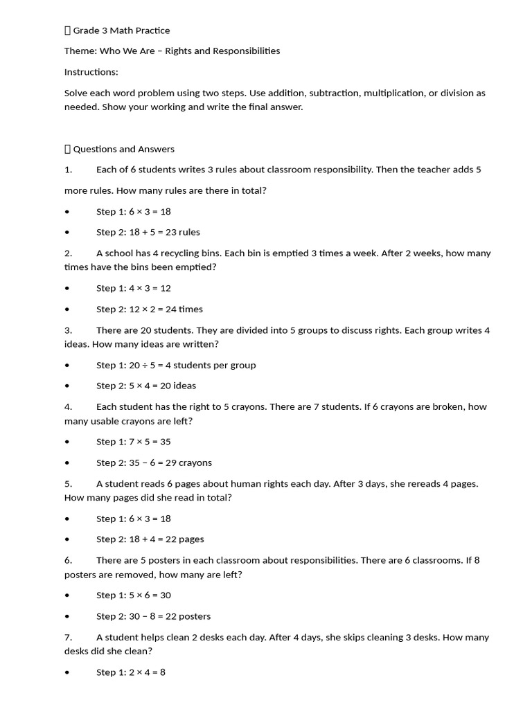 Grade 3 Two-Step Math Problems | PDF | Multiplication | Chess