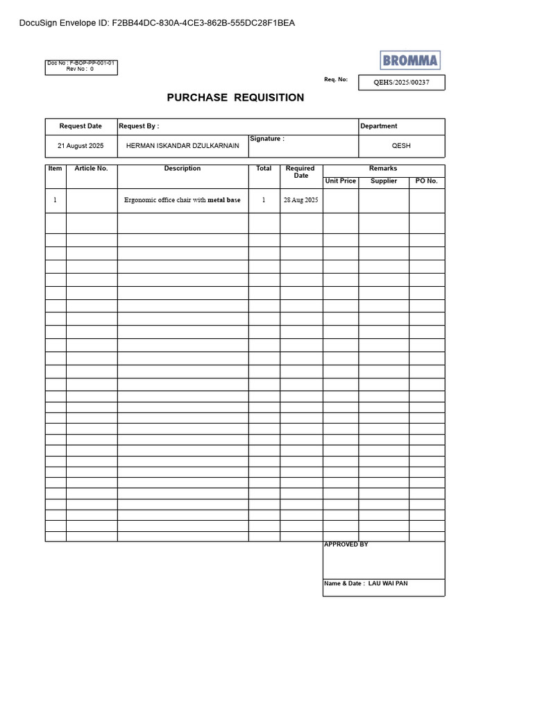 Ergonomic Office Chair Purchase Requisition | PDF