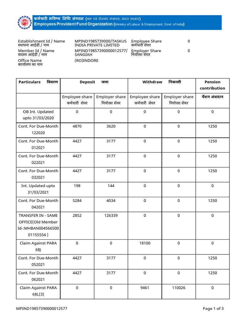 Employee Pension Contribution Statement | PDF