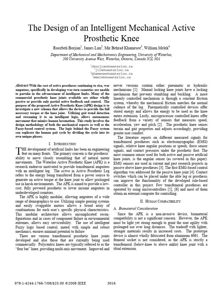 The Design of An Intelligent Mechanical Active Prosthetic Knee | PDF ...