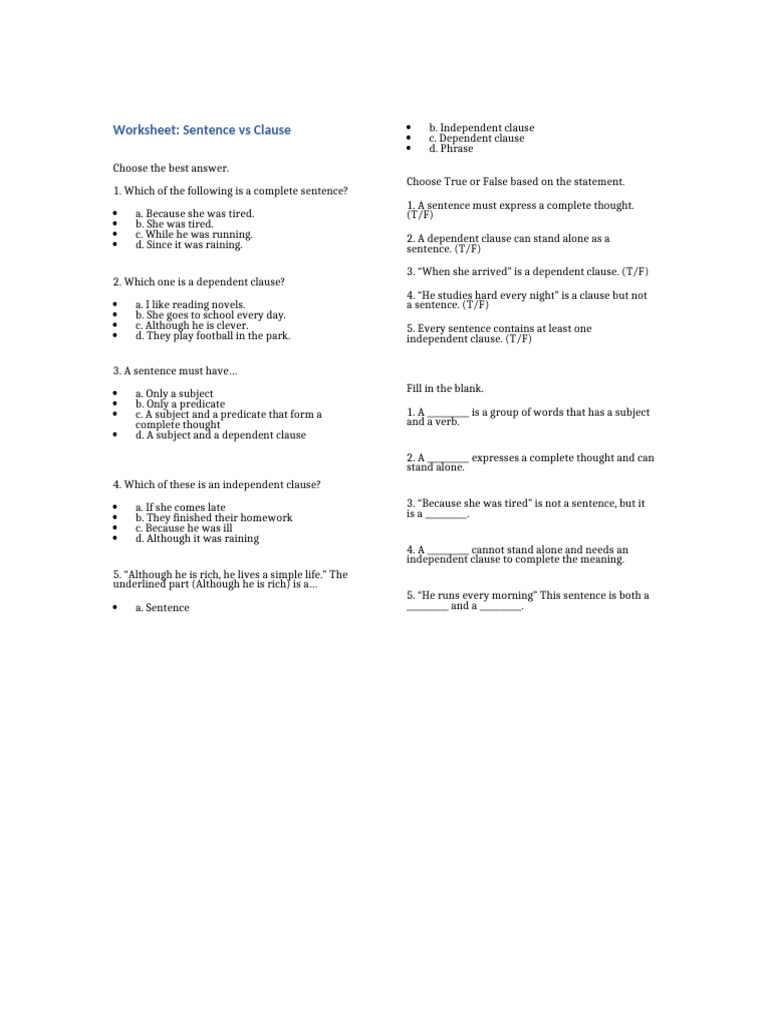 Worksheet Sentence Vs Clause | PDF | Clause | Sentence (Linguistics)
