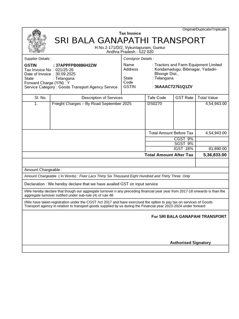 Tax Invoice for Goods Transport Services | PDF | Public Administration ...