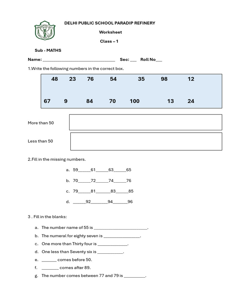 Class 1 Maths Worksheet: Number Concepts | PDF