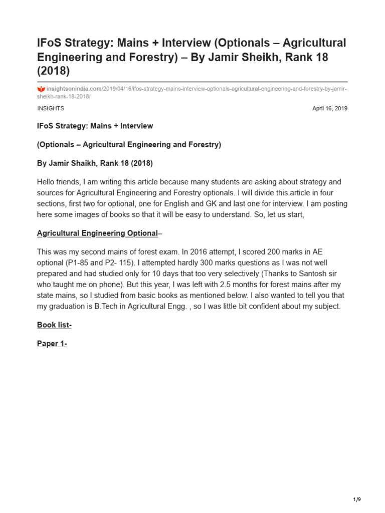IFoS Strategy Mains Interview Optionals Agricultural Engineering and ...