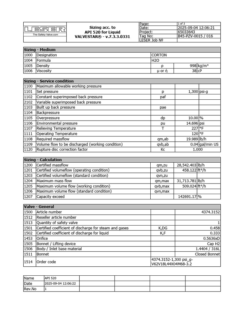 PZV Valve Sizing per API 520 | PDF | Pressure | Valve