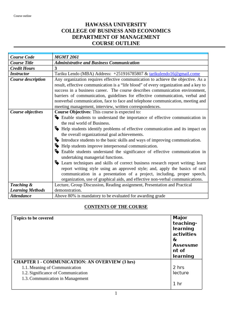 Administrative and Business Communication Course Outline | PDF ...