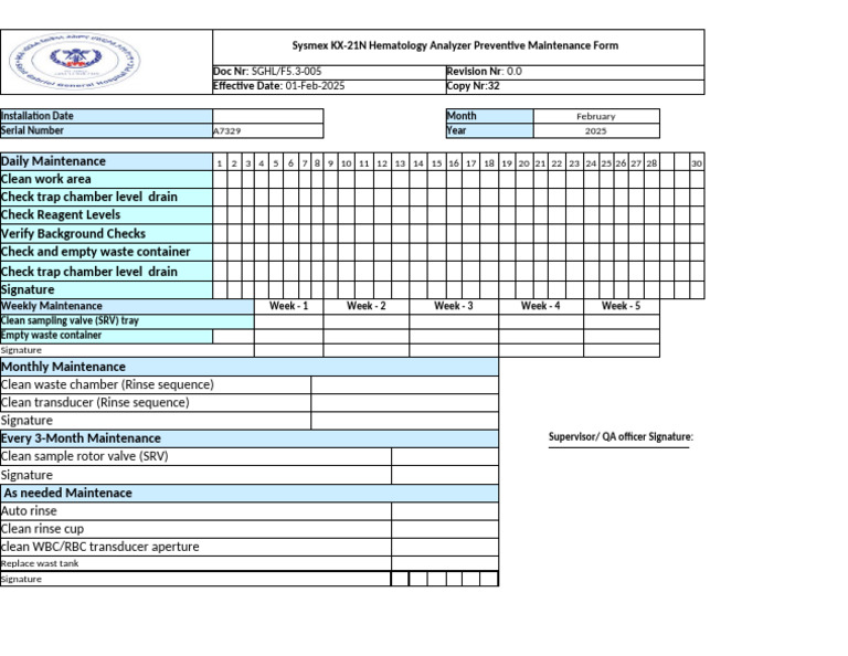 SGHL F5!3!005 Sysmex KX 21 Hematology Analyzer Preventive Maintenance | PDF