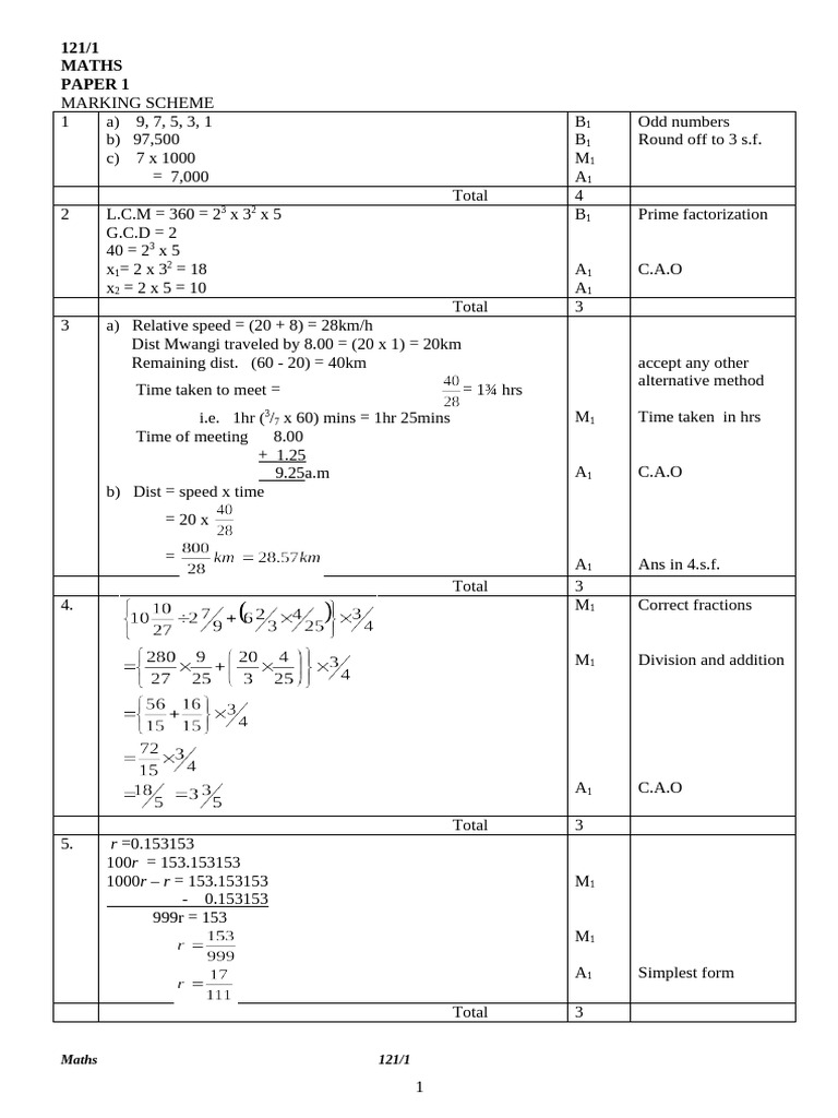 Maths Paper 1 Marking Scheme 121/1 | PDF | Geometric Shapes ...