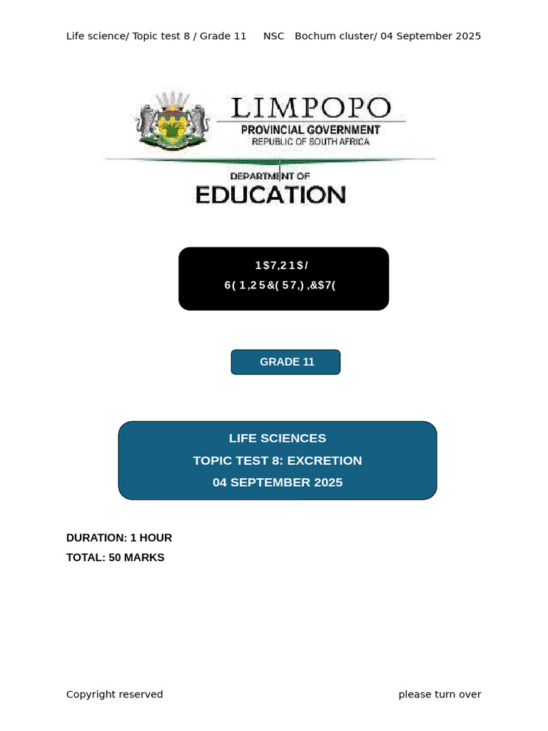 Grade 11 Life Sciences Excretion Test | PDF | Kidney | Animal Anatomy