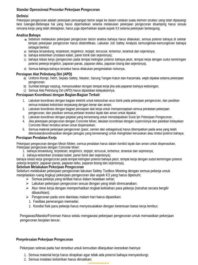 Standar Operasional Pengecoran Format Word | PDF