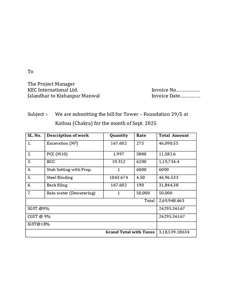 Invoice for Tower Foundation Work | PDF