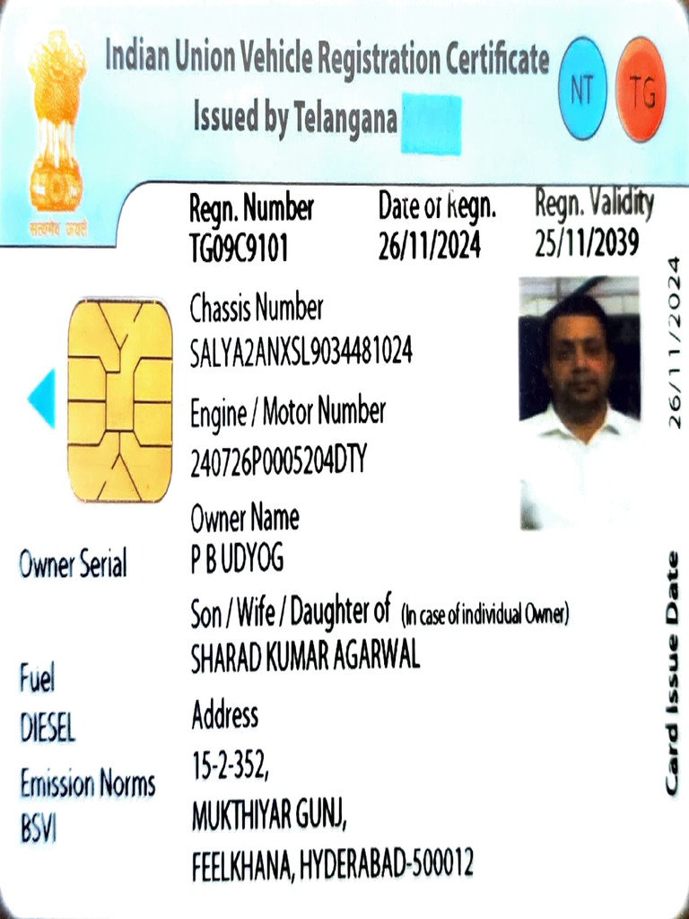Indian Union Vehicle Registration Certificate Issued by Telangana | PDF