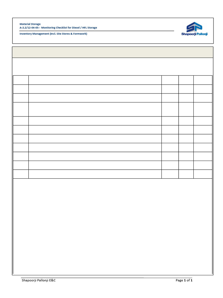 A-2.2!12!04-05 - Monitoring Checklist For DieselHFL Storage | PDF