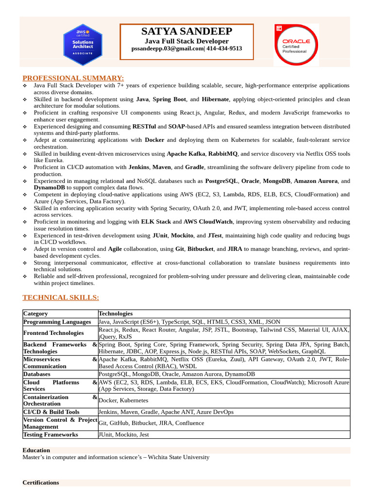 Java Full Stack Developer Resume | PDF | Spring Framework | Amazon Web ...