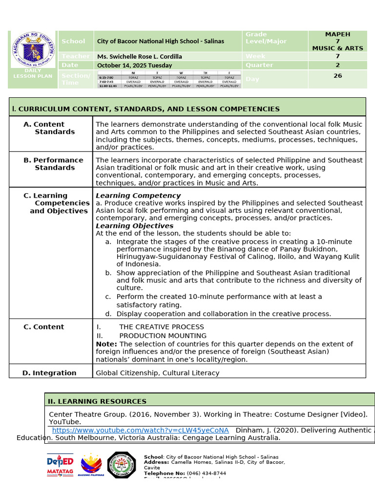 MAPEH 7 Lesson Plan: Folk Arts & Music | PDF | Cognition | Human ...