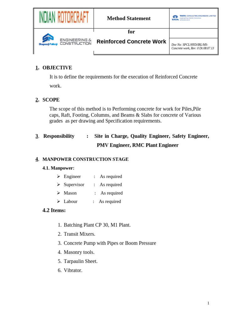 Method Statement for Concrete Work | PDF | Concrete | Water
