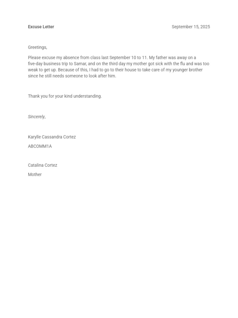 Absence Excuse Letter Template | PDF