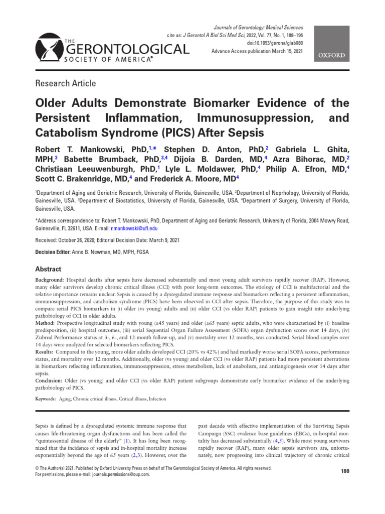 Biomarkers of PICS in Older Sepsis Survivors | PDF | Sepsis | C ...
