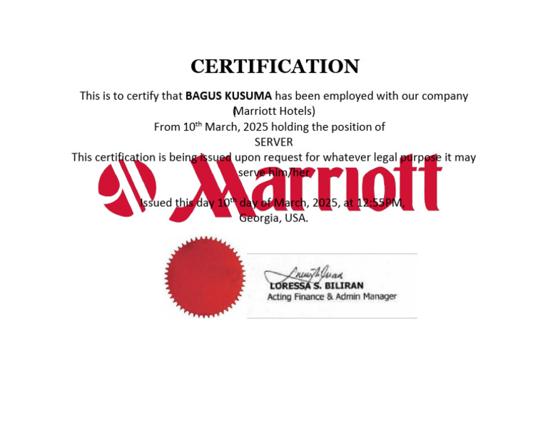Marriott Employment Certification | PDF