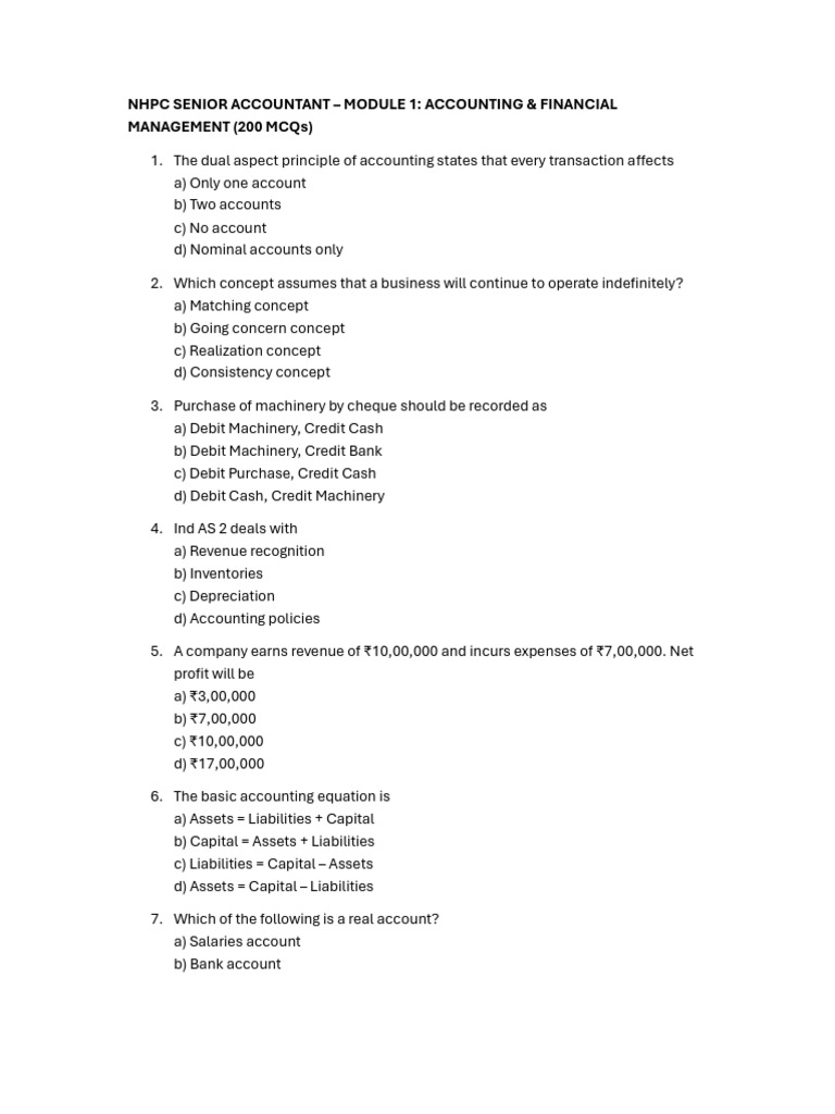 NHPC Senior Accountant MCQs on Accounting | PDF | Debits And Credits ...