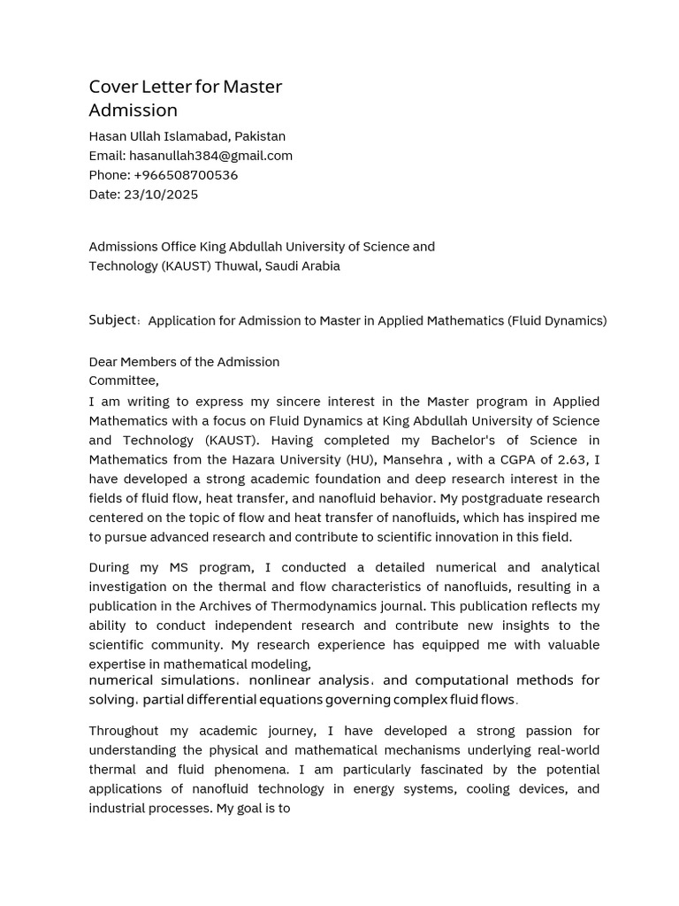 Master’s Admission Cover Letter: Fluid Dynamics | PDF | Fluid Dynamics ...