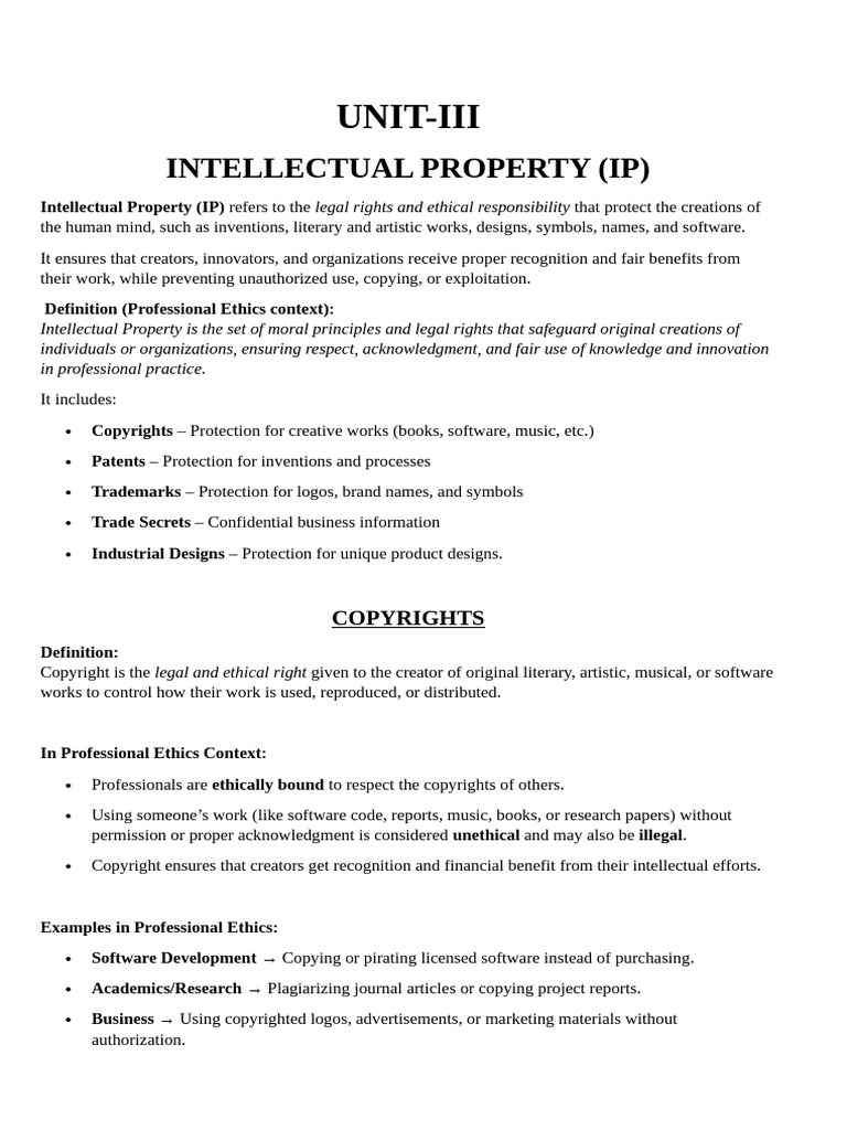 UNIT-III Professional Ethics | PDF | Patent | Copyright Infringement