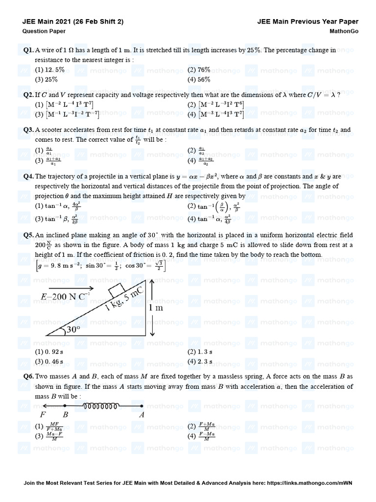 JEE Main 2021 Physics Question Paper | PDF | Acid Dissociation Constant ...