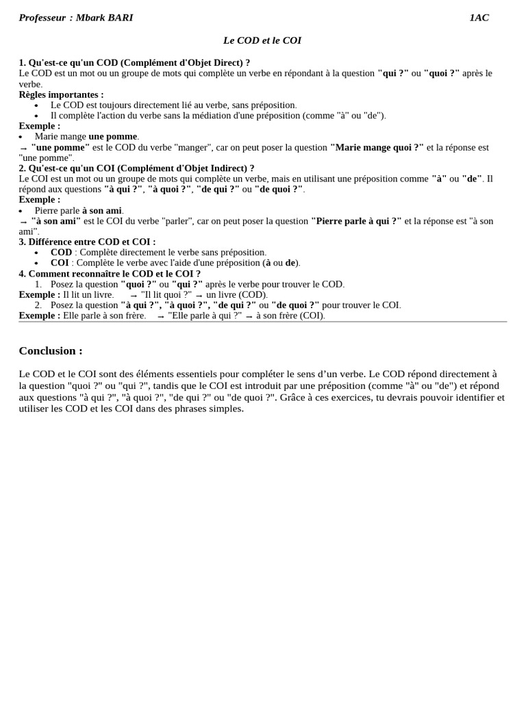 Comprendre COD et COI en français | PDF