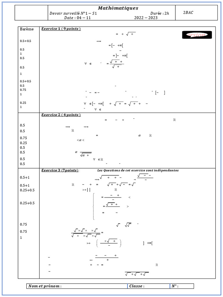Devoir de mathématiques 2BAc S1 | PDF | Mathématiques | Analyse ...