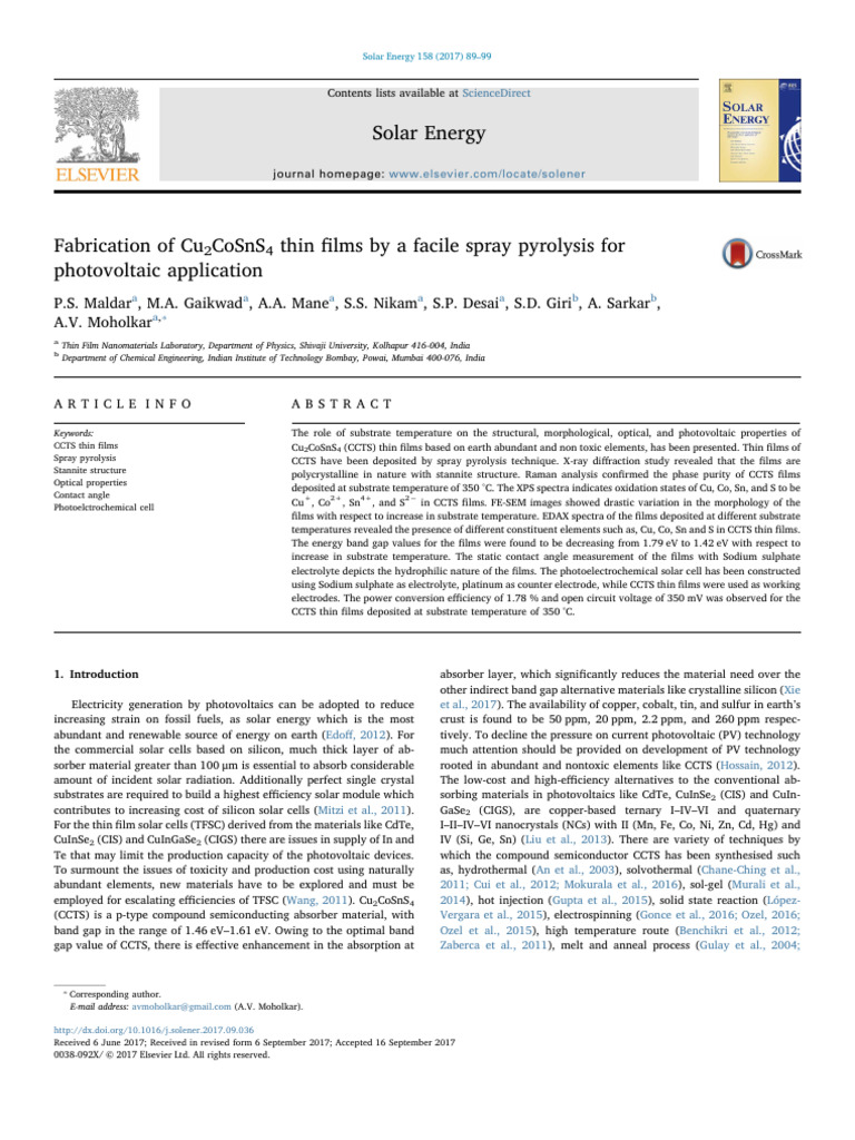 Cu2CoSnS4 Thin Films for Solar Cells | PDF | Photovoltaics | Thin Film