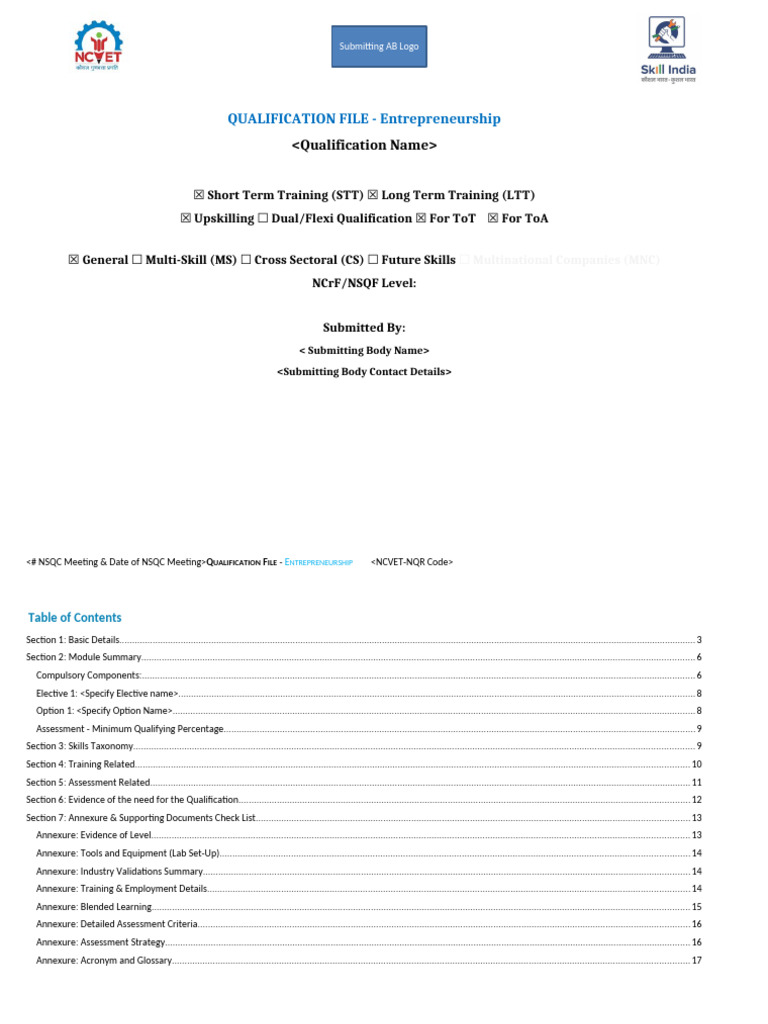 Entrepreneurship Qualification File Submission | PDF | Vocational Education