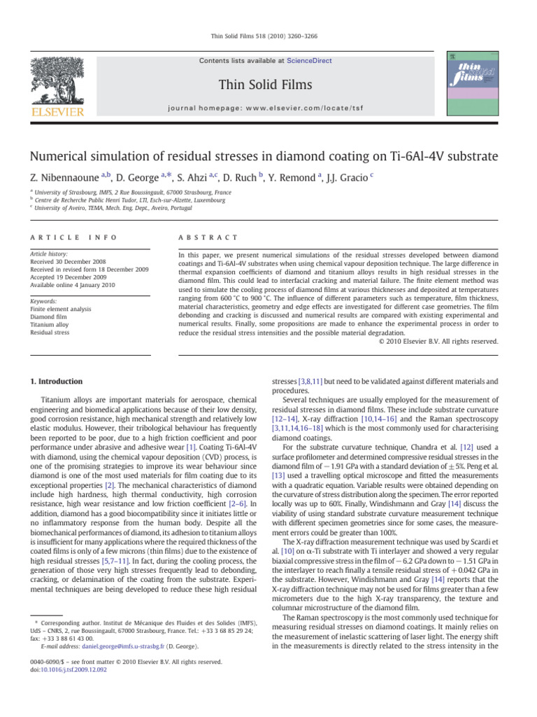 Numerical Simulation of Residual Stresses in Diamond Coating On Ti-6Al ...