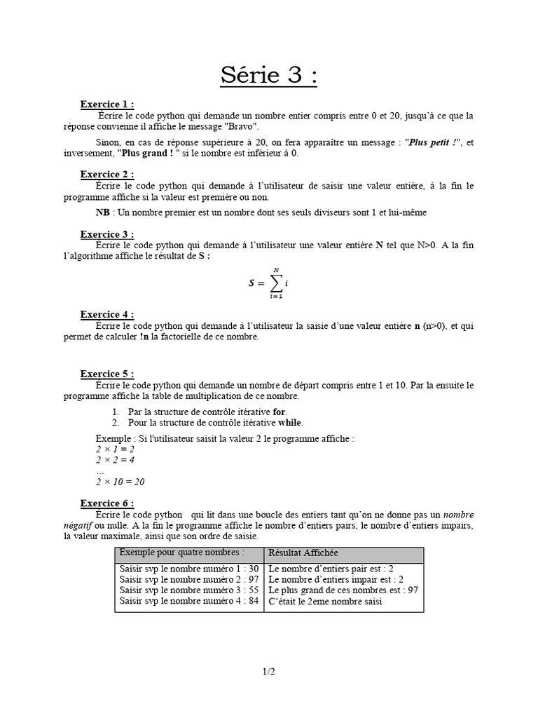 Exercices Python : Contrôle et Calculs | PDF | Structure de contrôle ...