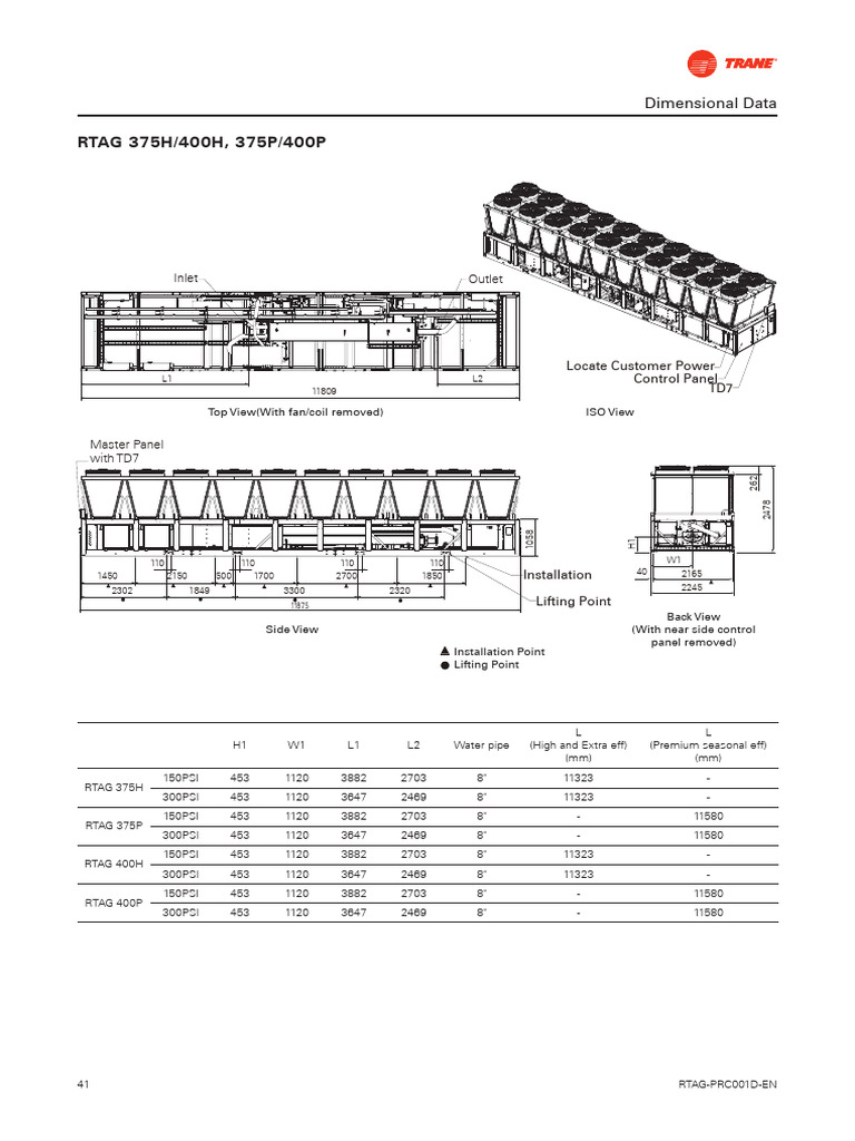 Lifting Point Details and Dimensions For Trane Chiller Model RTAG400P | PDF